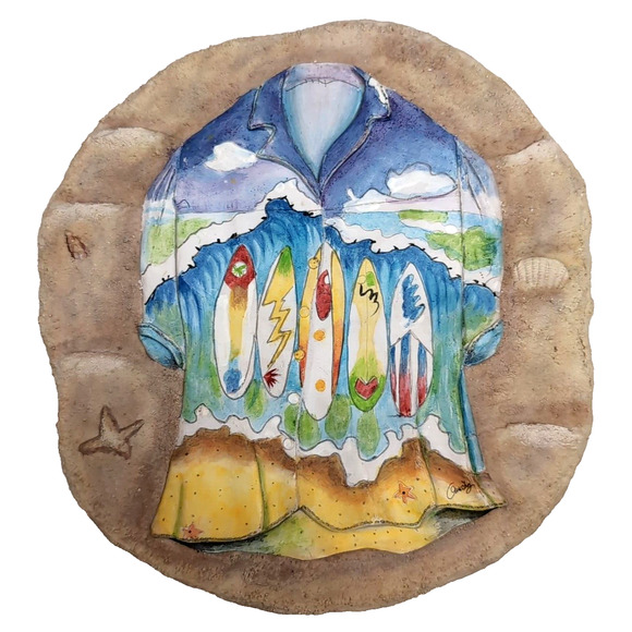 VTG Wall Plaque Step Stone Surfer Shirt Relief 3D Art Artist Signed Anne Ormsby